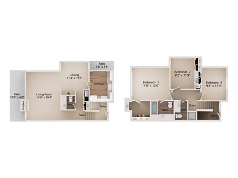 Floor plan for 3 beds, 2.5 baths, 1515 sqft